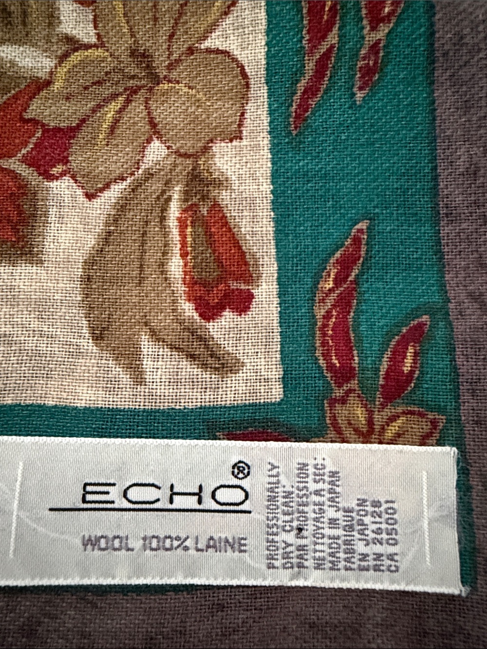 Echo  Square Scarf Floral 100% Wool Wrap in Teal and Brown